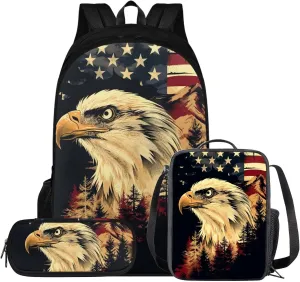 doginthehole Bald Eagle American Flag Backpack for Boys Large Capacity 17inch Backpack with Lunch Box 3pcs Lightweight Boys School Backpack 12-14 Years Old for Elementary Middle School Casual Daypacks