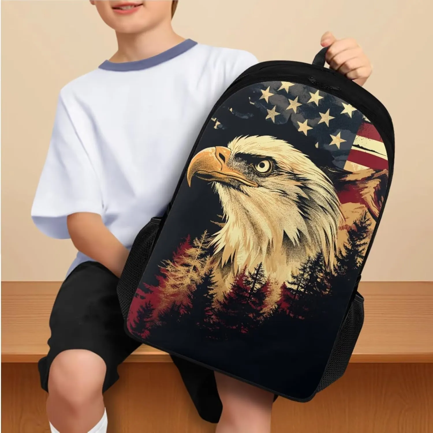 doginthehole Bald Eagle American Flag Backpack for Boys Large Capacity 17inch Backpack with Lunch Box 3pcs Lightweight Boys School Backpack 12-14 Years Old for Elementary Middle School Casual Daypacks