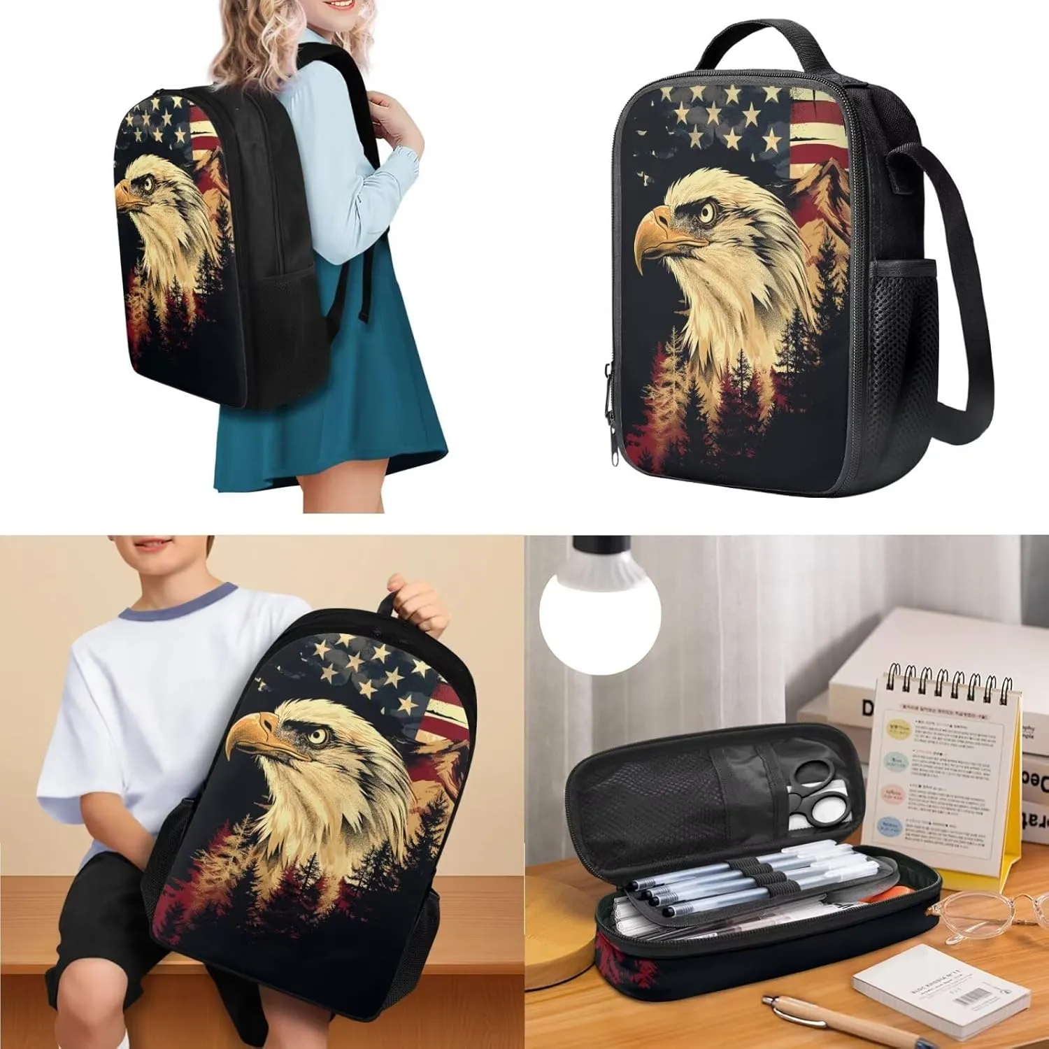 doginthehole Bald Eagle American Flag Backpack for Boys Large Capacity 17inch Backpack with Lunch Box 3pcs Lightweight Boys School Backpack 12-14 Years Old for Elementary Middle School Casual Daypacks