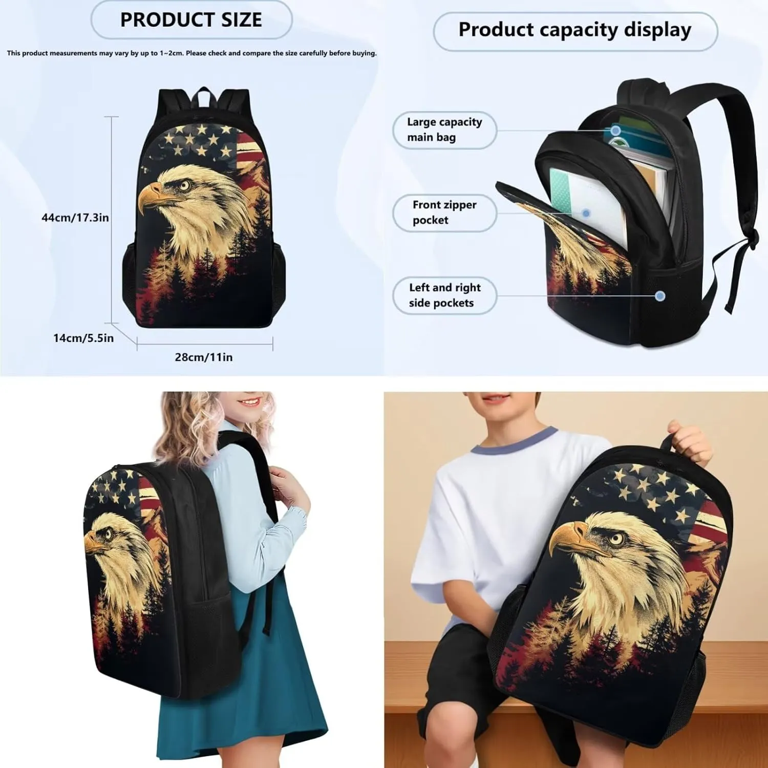 doginthehole Bald Eagle American Flag Backpack for Boys Large Capacity 17inch Backpack with Lunch Box 3pcs Lightweight Boys School Backpack 12-14 Years Old for Elementary Middle School Casual Daypacks