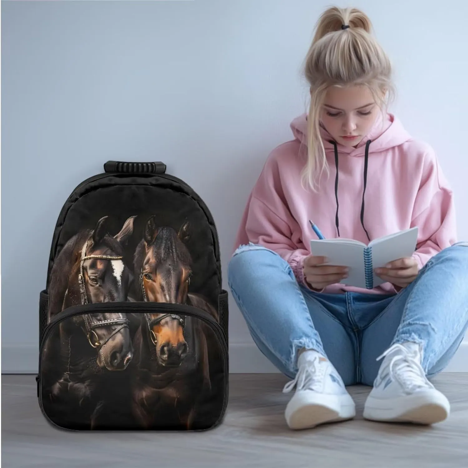 doginthehole Black Horse Backpack for School Boys Large Capacity Bookbag for Boys 8-12 with Lunch Box 3 Piece Boys School Backpack Set for Elementary Middle School Casual Travel Book Bags