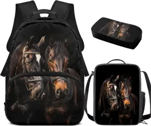doginthehole Black Horse Backpack for School Boys Large Capacity Bookbag for Boys 8-12 with Lunch Box 3 Piece Boys School Backpack Set for Elementary Middle School Casual Travel Book Bags