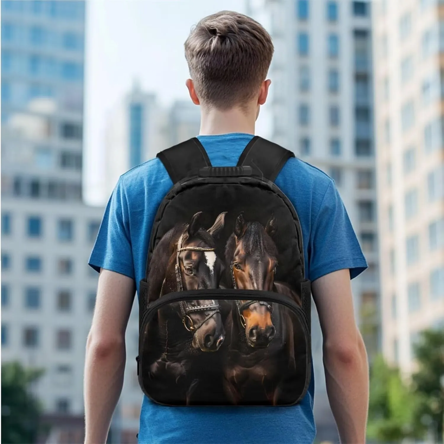 doginthehole Black Horse Backpack for School Boys Large Capacity Bookbag for Boys 8-12 with Lunch Box 3 Piece Boys School Backpack Set for Elementary Middle School Casual Travel Book Bags