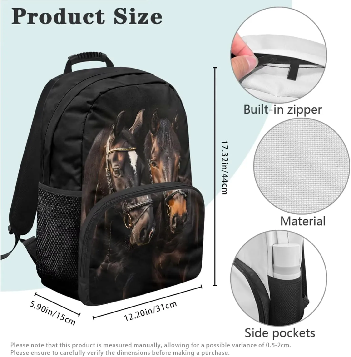 doginthehole Black Horse Backpack for School Boys Large Capacity Bookbag for Boys 8-12 with Lunch Box 3 Piece Boys School Backpack Set for Elementary Middle School Casual Travel Book Bags