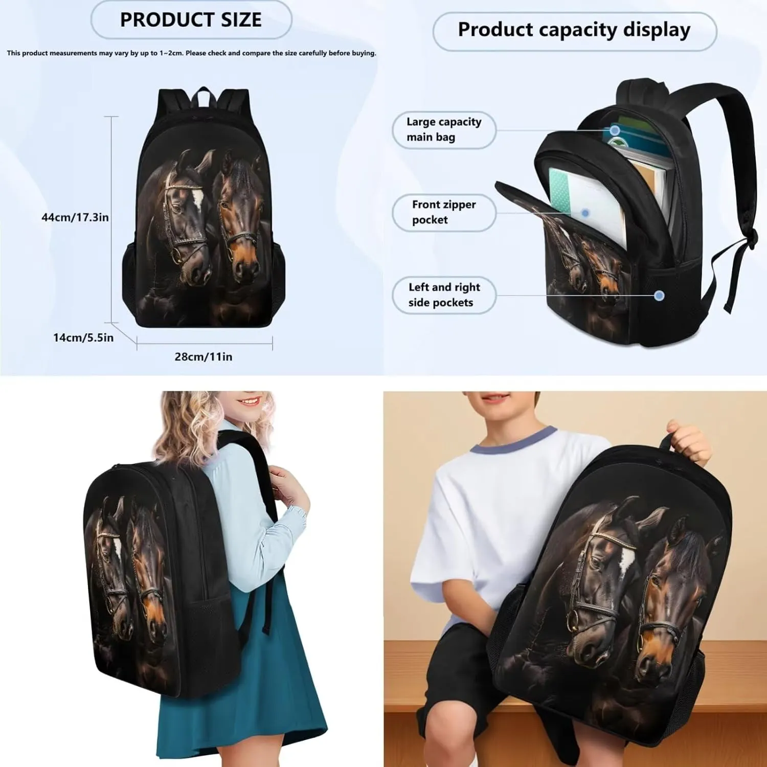 doginthehole Black Horse Backpack for School Teens Boys 17inch School Bag with Lunch Bag 3pcs Lightweiight Bookbag for Boys 8-12 for Elementary Middle School Casual Hiking Daypack