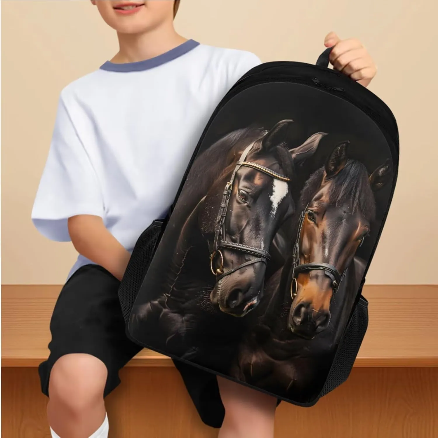 doginthehole Black Horse Backpack for School Teens Boys 17inch School Bag with Lunch Bag 3pcs Lightweiight Bookbag for Boys 8-12 for Elementary Middle School Casual Hiking Daypack