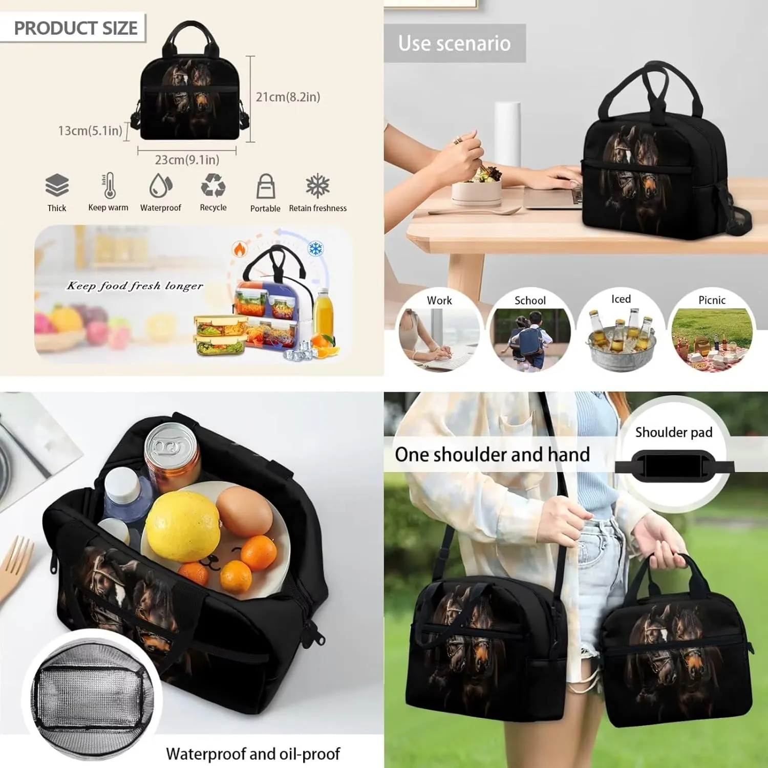 doginthehole Black Horse Backpack for School Teens Boys 17inch School Bag with Lunch Bag 3pcs Lightweiight Bookbag for Boys 8-12 for Elementary Middle School Casual Hiking Daypack