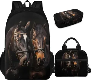 doginthehole Black Horse Backpack for School Teens Boys 17inch School Bag with Lunch Bag 3pcs Lightweiight Bookbag for Boys 8-12 for Elementary Middle School Casual Hiking Daypack