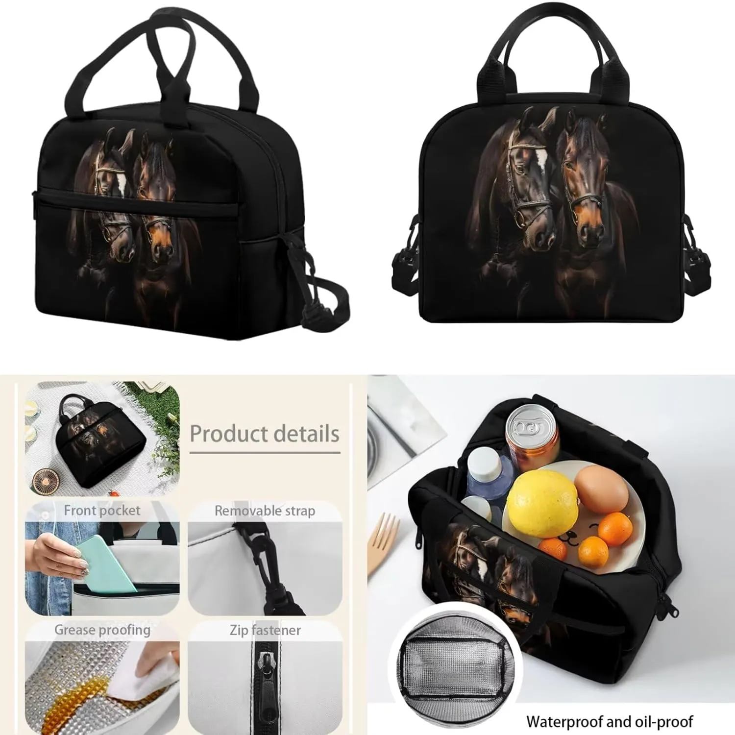 doginthehole Black Horse Backpack for School Teens Boys 17inch School Bag with Lunch Bag 3pcs Lightweiight Bookbag for Boys 8-12 for Elementary Middle School Casual Hiking Daypack