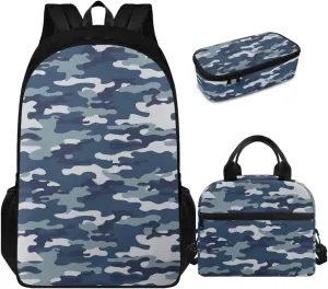 doginthehole Blue Camo Backpack for Boys Cool Camouflage Backpack and Lunch Box Set 3 Piece Bookbag for Boys 8-12 for Elementary Middle School Casual Travel Daypack Rucksack Book Bags