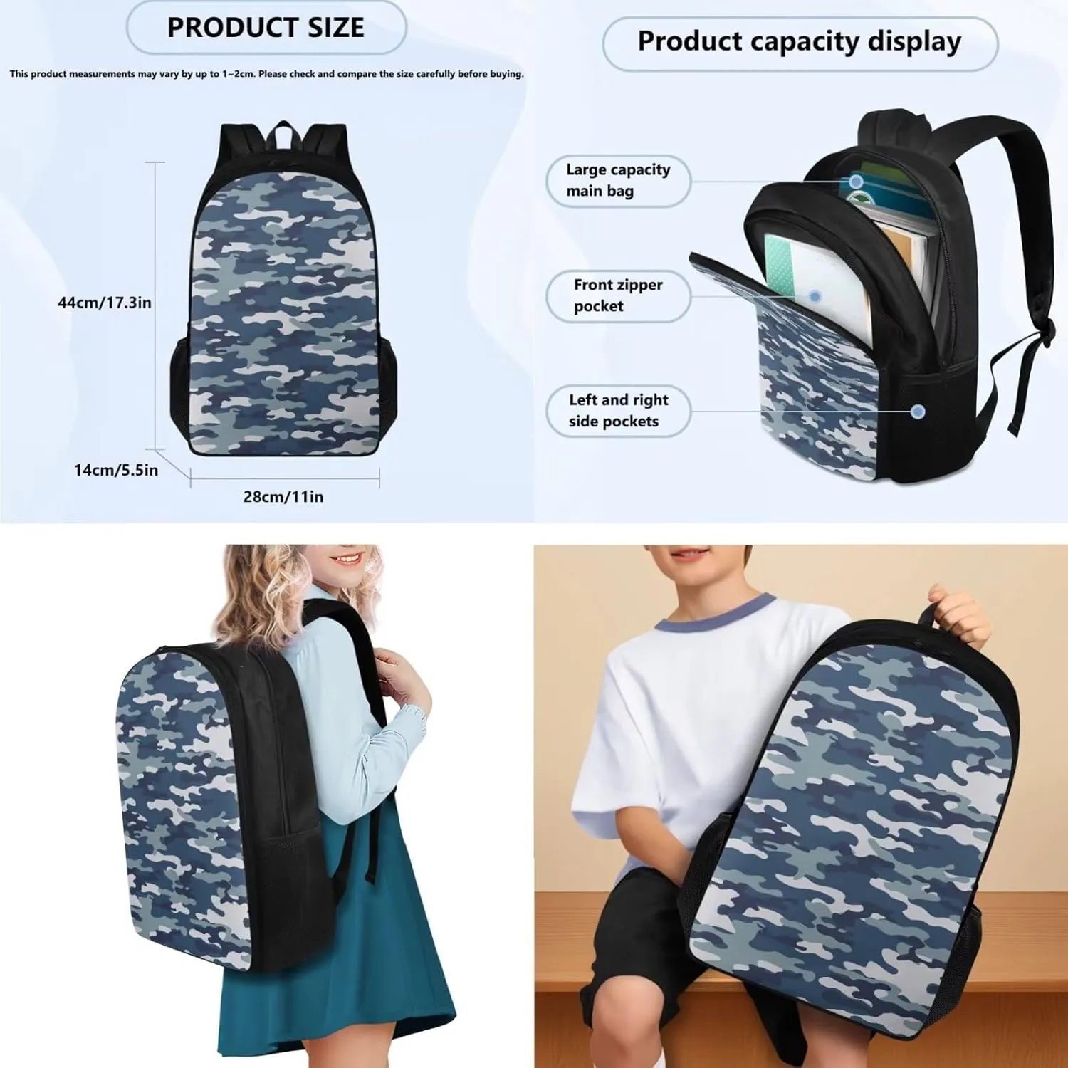 doginthehole Blue Camo Backpack for Boys Cool Camouflage Backpack and Lunch Box Set 3 Piece Bookbag for Boys 8-12 for Elementary Middle School Casual Travel Daypack Rucksack Book Bags