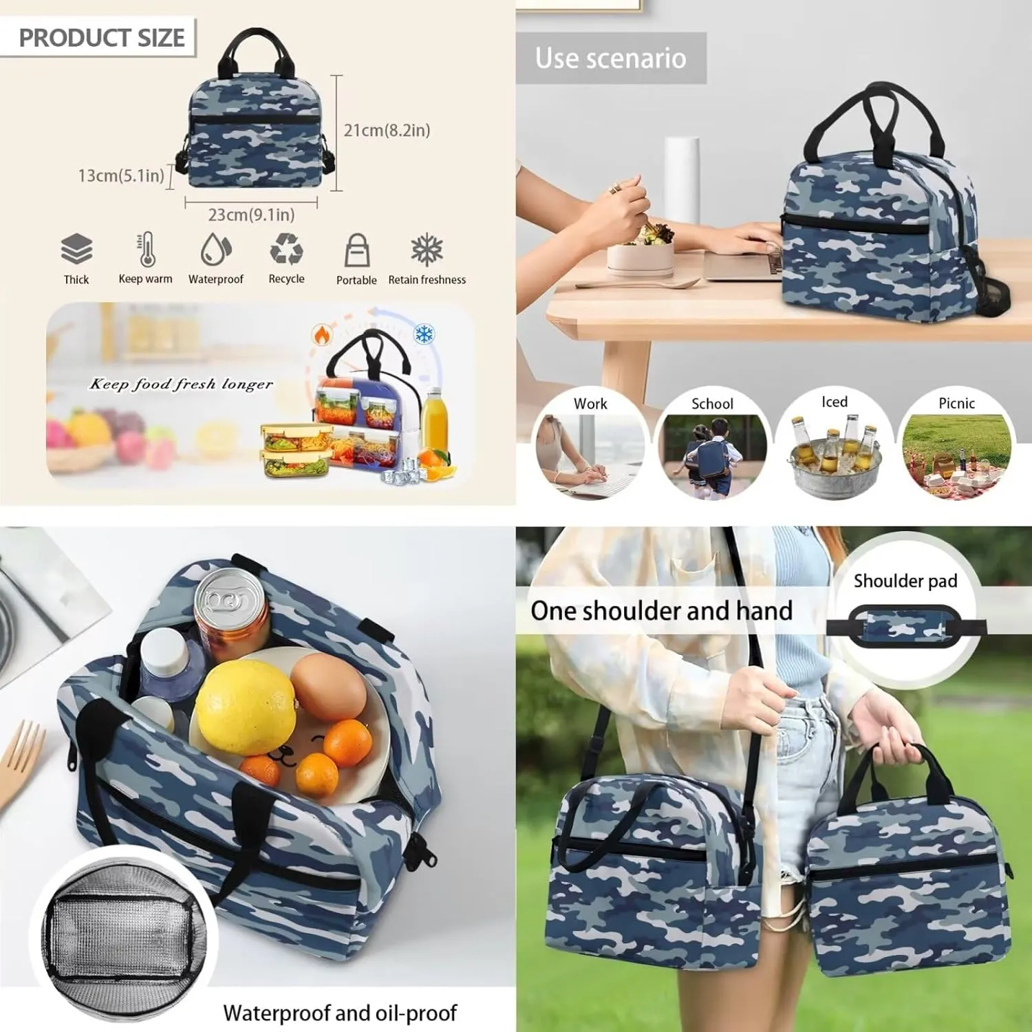 doginthehole Blue Camo Backpack for Boys Cool Camouflage Backpack and Lunch Box Set 3 Piece Bookbag for Boys 8-12 for Elementary Middle School Casual Travel Daypack Rucksack Book Bags