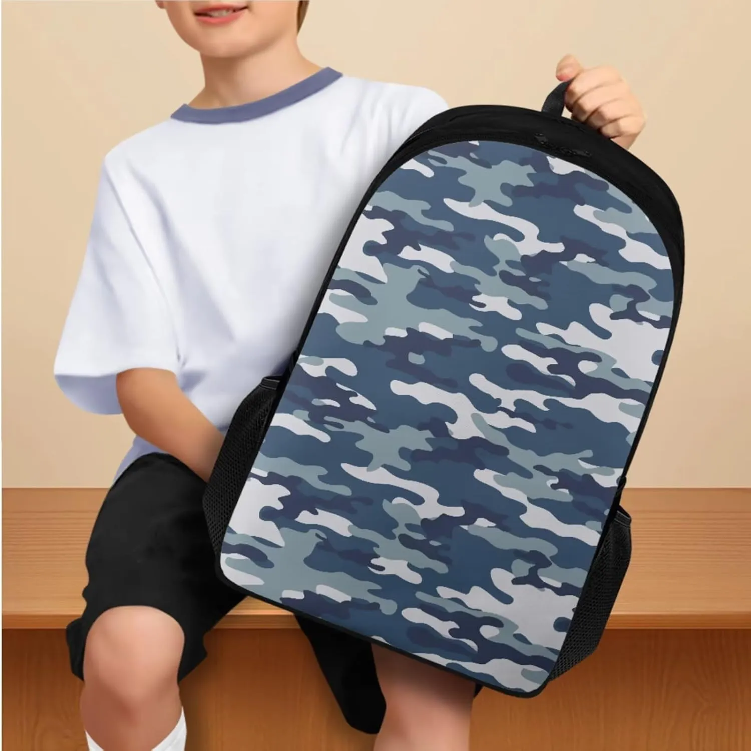 doginthehole Blue Camo Backpack for Boys Cool Camouflage Backpack and Lunch Box Set 3 Piece Bookbag for Boys 8-12 for Elementary Middle School Casual Travel Daypack Rucksack Book Bags