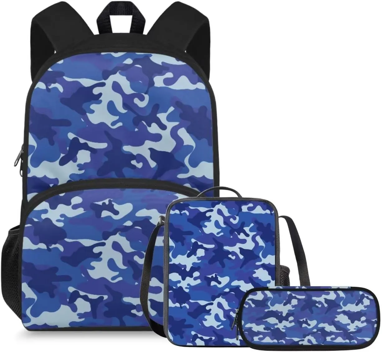 doginthehole Blue Camo Backpack for Kids Camouflage Boys School Bag with Lunch Bag 3pcs Lightweiight Boys Bookbag Age 8-10 for Elementary School Casual Hiking Daypack