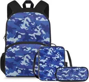 doginthehole Blue Camo Backpack for Kids Camouflage Boys School Bag with Lunch Bag 3pcs Lightweiight Boys Bookbag Age 8-10 for Elementary School Casual Hiking Daypack