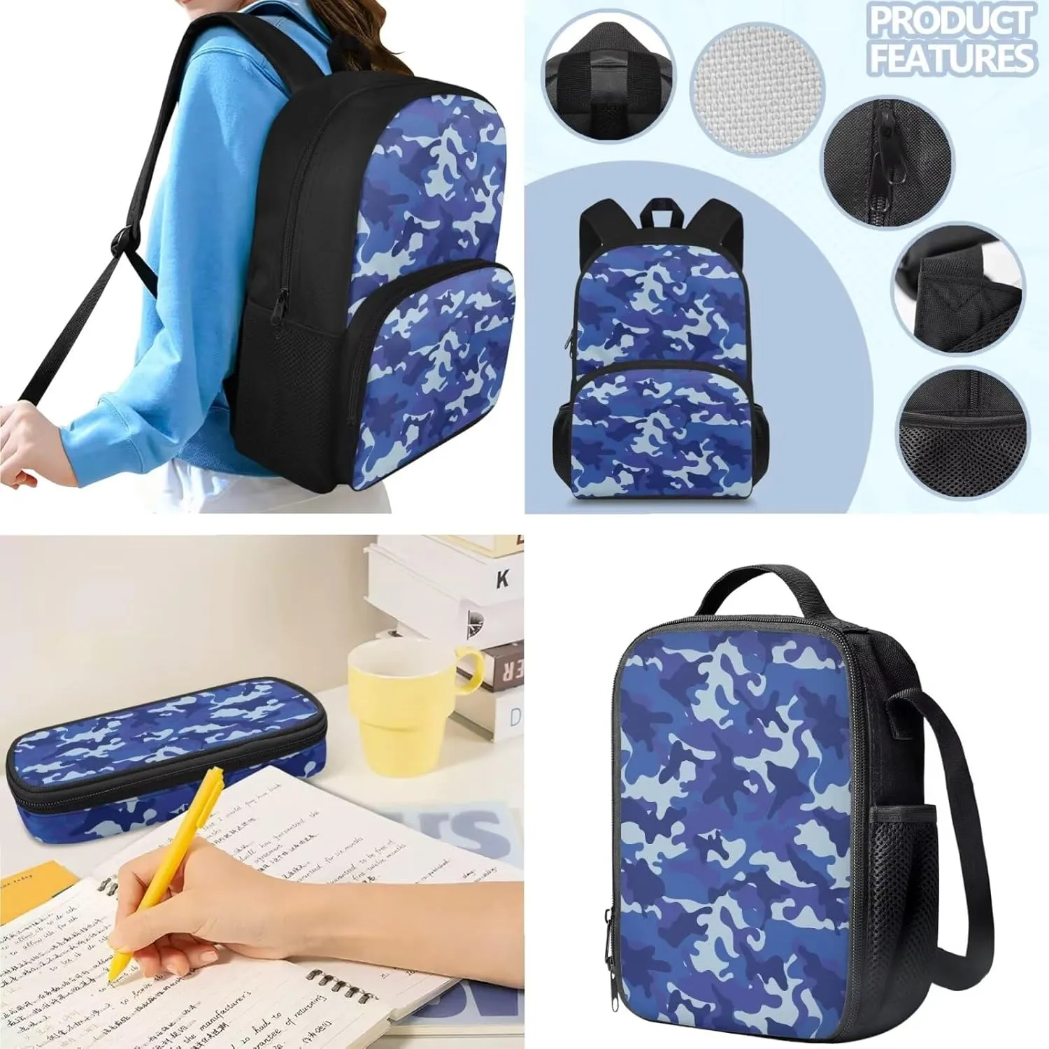 doginthehole Blue Camo Backpack for Kids Camouflage Boys School Bag with Lunch Bag 3pcs Lightweiight Boys Bookbag Age 8-10 for Elementary School Casual Hiking Daypack