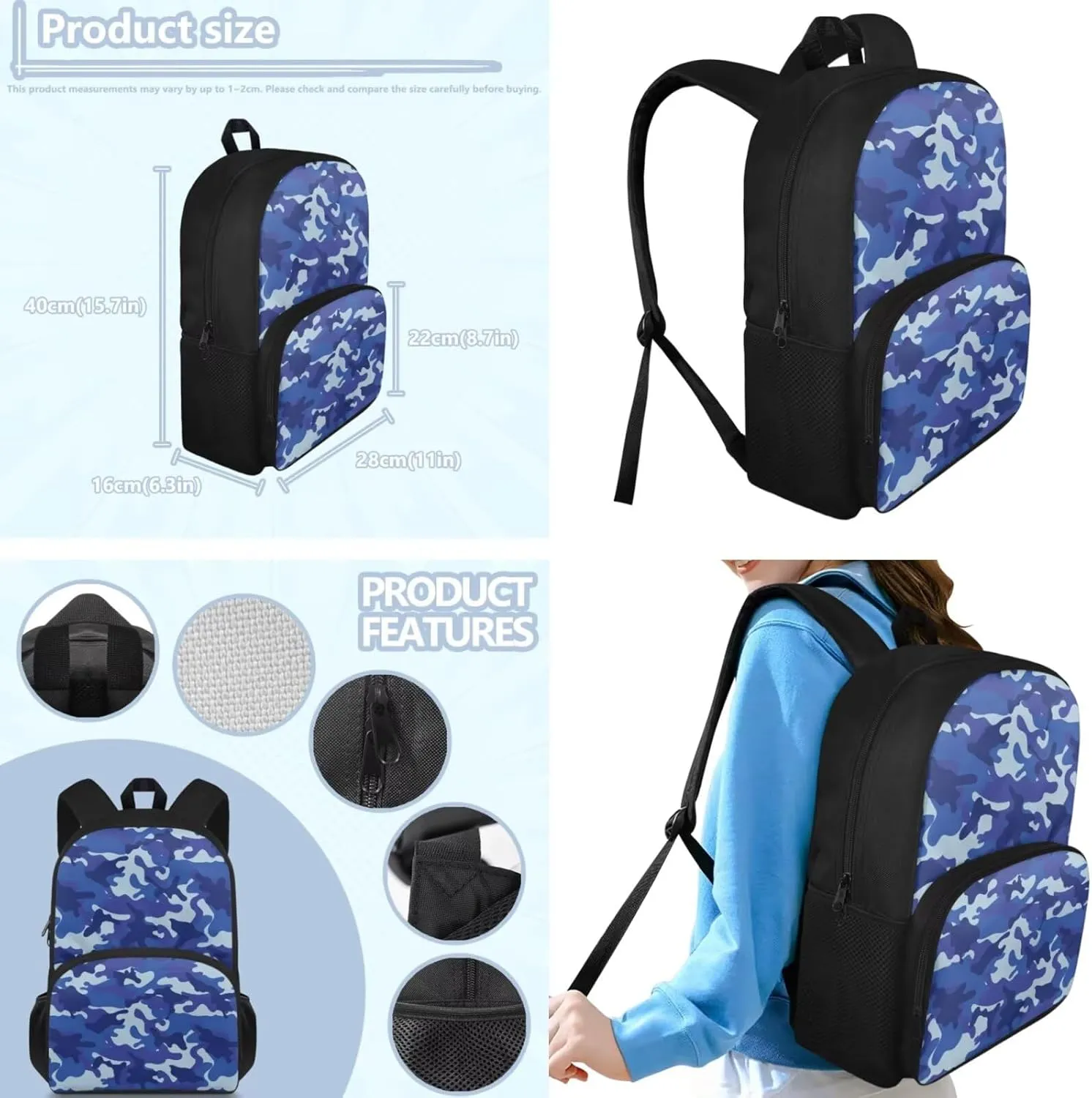 doginthehole Blue Camo Backpack for Kids Camouflage Boys School Bag with Lunch Bag 3pcs Lightweiight Boys Bookbag Age 8-10 for Elementary School Casual Hiking Daypack