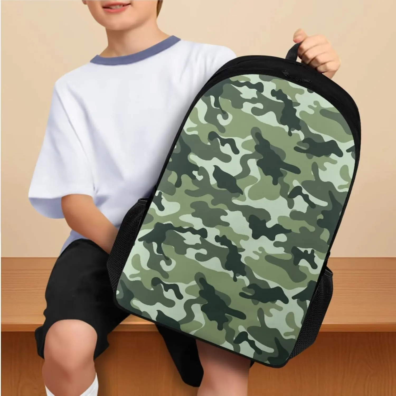 doginthehole Boys Camo Backpack 10-12 Years Old Green Camouflage Bookbag with Lunch Box Pencil Bag 3pcs Lightweight Boys School Bag Set for Elementary Middle School Casual Hiking Daypacks