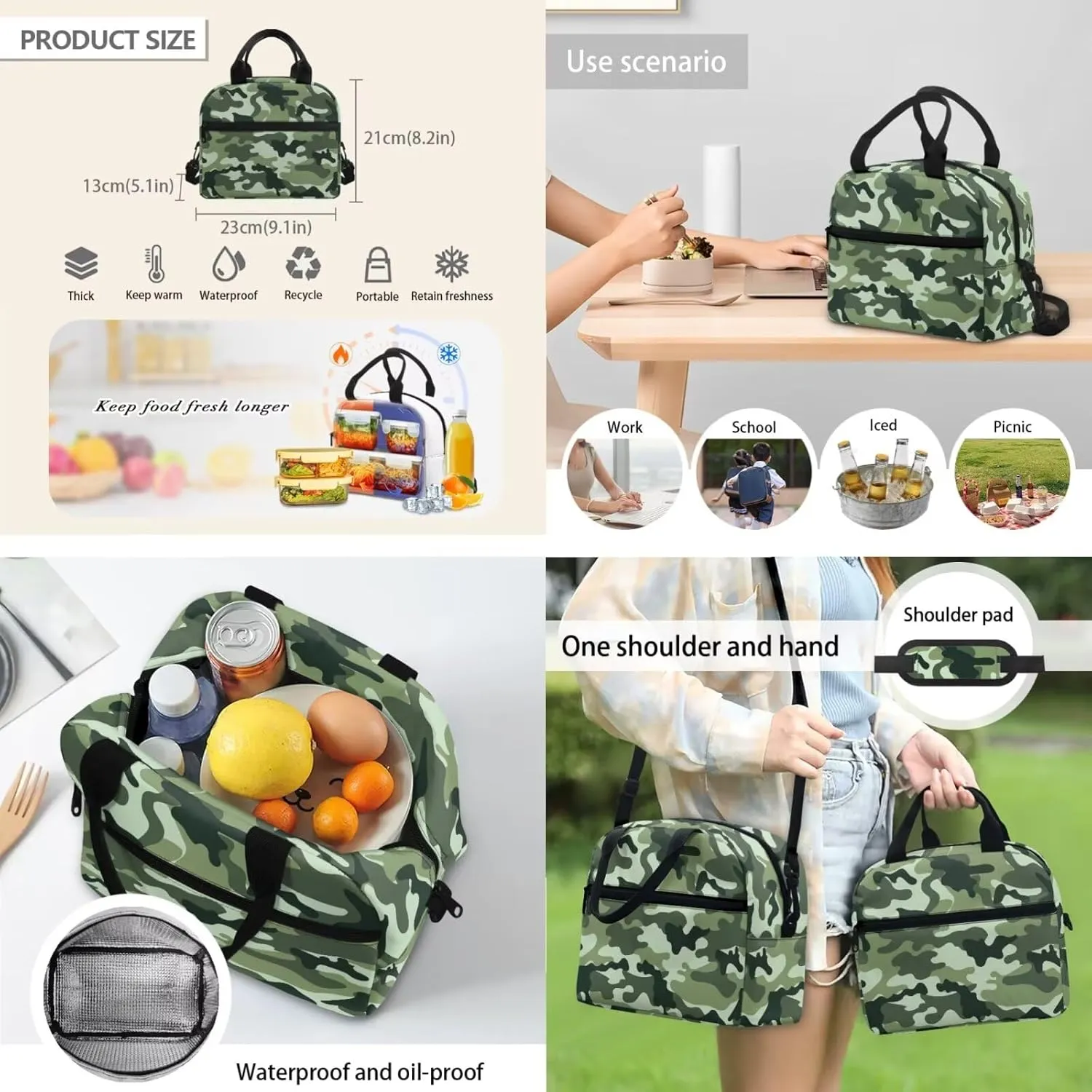 doginthehole Boys Camo Backpack 10-12 Years Old Green Camouflage Bookbag with Lunch Box Pencil Bag 3pcs Lightweight Boys School Bag Set for Elementary Middle School Casual Hiking Daypacks