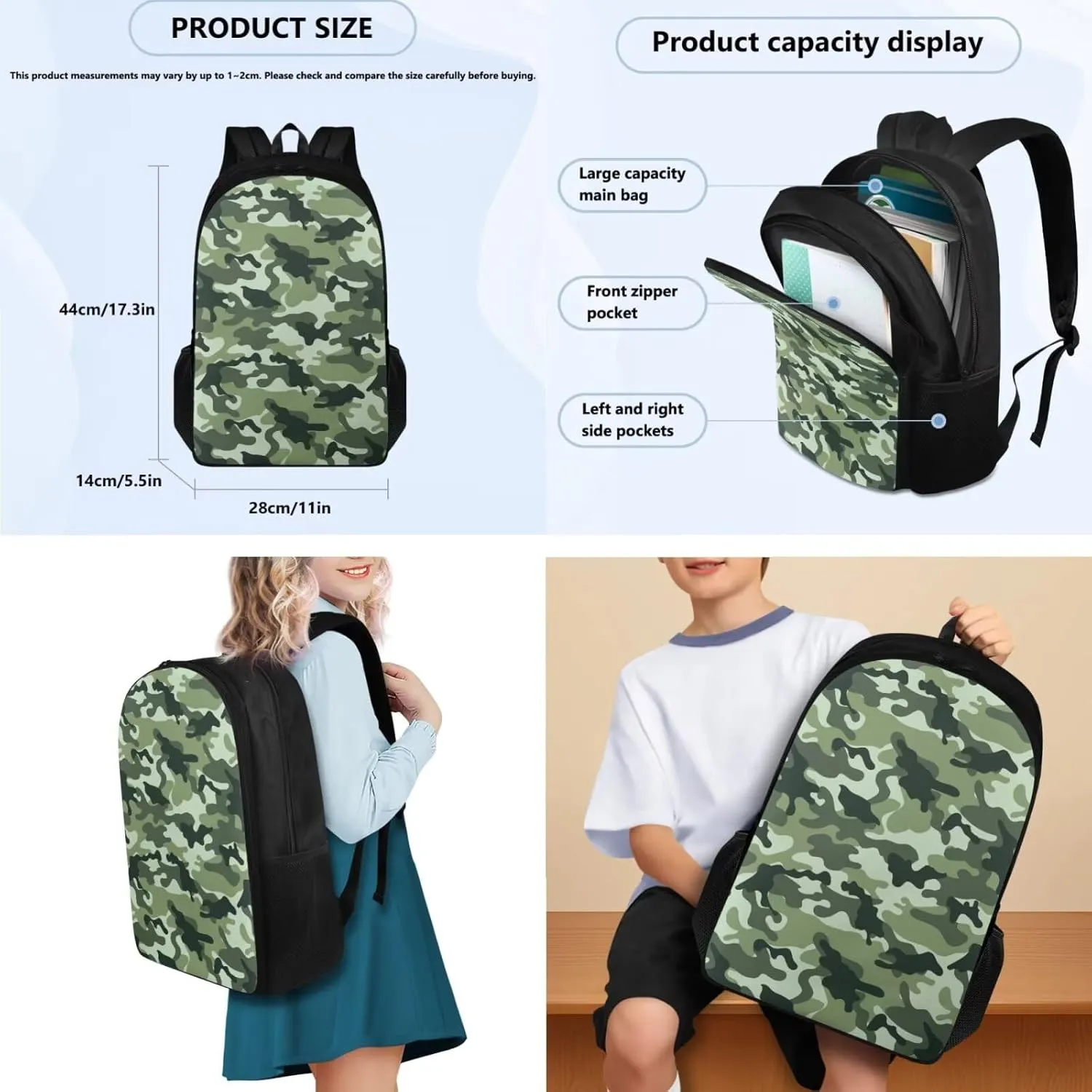 doginthehole Boys Camo Backpack 10-12 Years Old Green Camouflage Bookbag with Lunch Box Pencil Bag 3pcs Lightweight Boys School Bag Set for Elementary Middle School Casual Hiking Daypacks