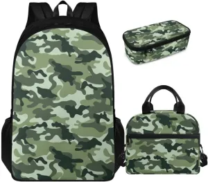 doginthehole Boys Camo Backpack 10-12 Years Old Green Camouflage Bookbag with Lunch Box Pencil Bag 3pcs Lightweight Boys School Bag Set for Elementary Middle School Casual Hiking Daypacks