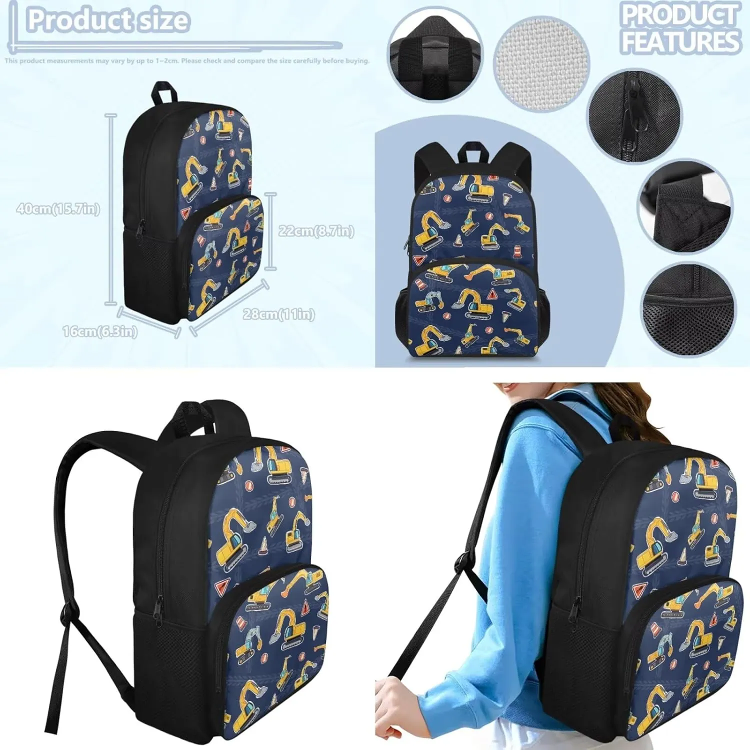 doginthehole Cartoon Digger Backpack for Boys Lightweight Kids Bookbag and Lunch Box Set 3-in-1 15inch School Bag for Boys 4-5 for Preschool Elementary School Casual Travel Book Bags