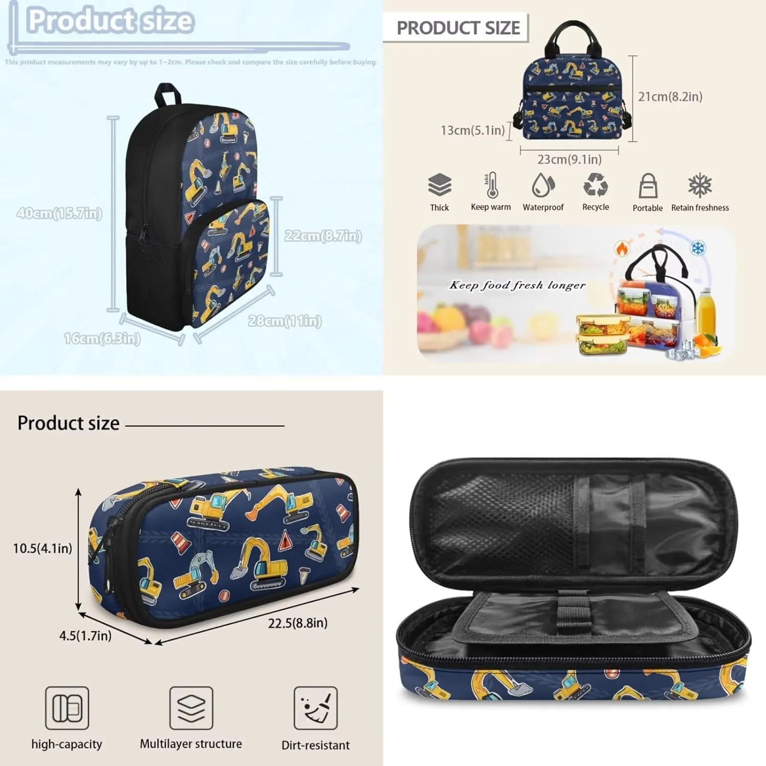 doginthehole Cartoon Digger Backpack for Boys Lightweight Kids Bookbag and Lunch Box Set 3-in-1 15inch School Bag for Boys 4-5 for Preschool Elementary School Casual Travel Book Bags