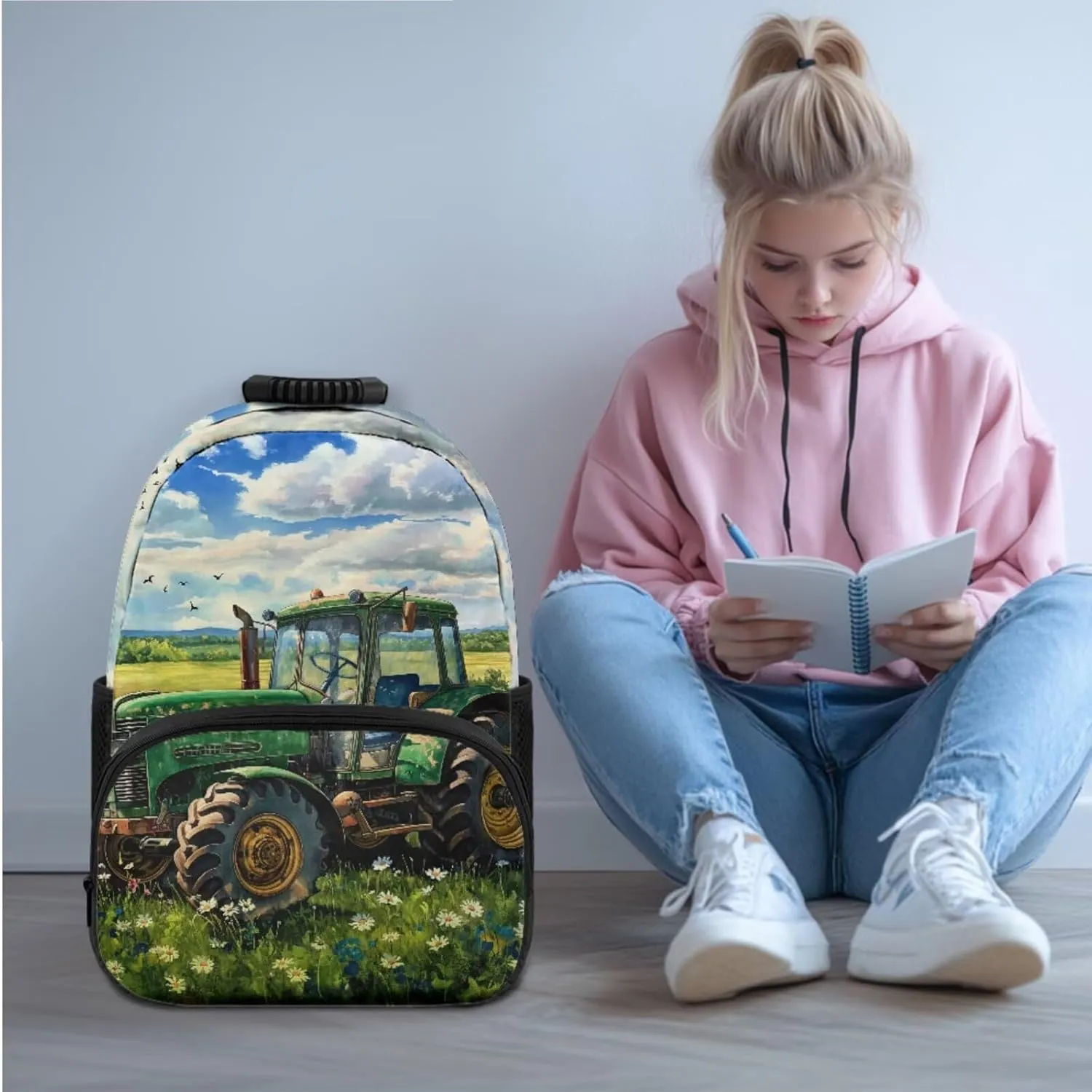 doginthehole Cool Cartoon Tractor Backpack for Boys Lightweight Kids Bookbag with Lunch Box 3 Piece Kids School Bag for Boy Ages 6-8 for Preschool Elementary School Casual Daypack Backpacks