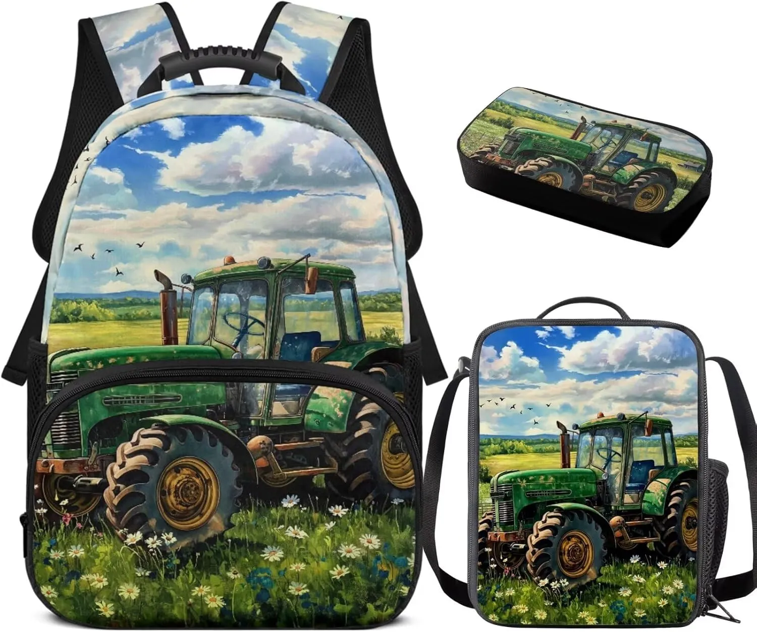 doginthehole Cool Cartoon Tractor Backpack for Boys Lightweight Kids Bookbag with Lunch Box 3 Piece Kids School Bag for Boy Ages 6-8 for Preschool Elementary School Casual Daypack Backpacks