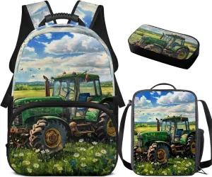 doginthehole Cool Cartoon Tractor Backpack for Boys Lightweight Kids Bookbag with Lunch Box 3 Piece Kids School Bag for Boy Ages 6-8 for Preschool Elementary School Casual Daypack Backpacks