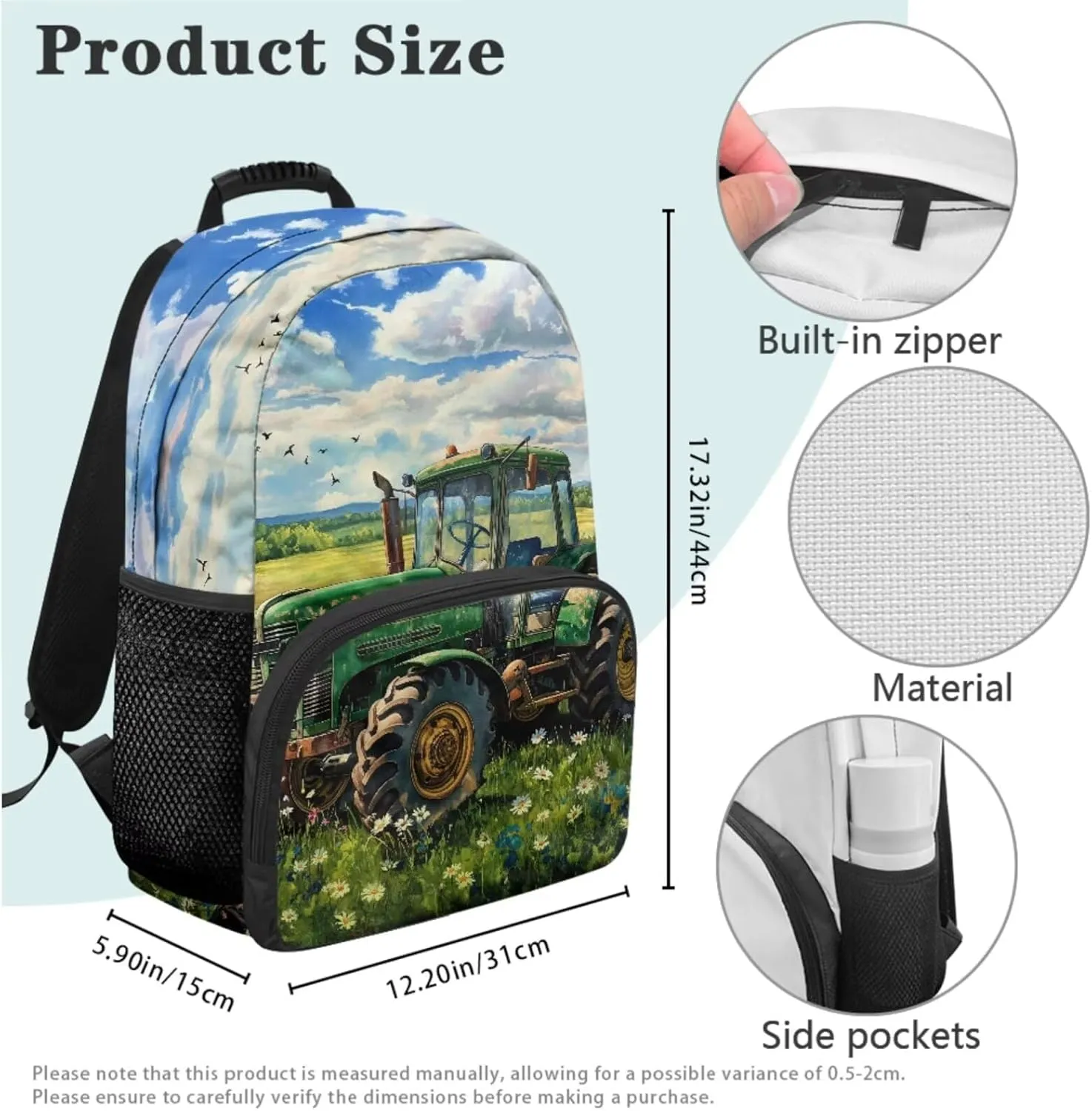 doginthehole Cool Cartoon Tractor Backpack for Boys Lightweight Kids Bookbag with Lunch Box 3 Piece Kids School Bag for Boy Ages 6-8 for Preschool Elementary School Casual Daypack Backpacks