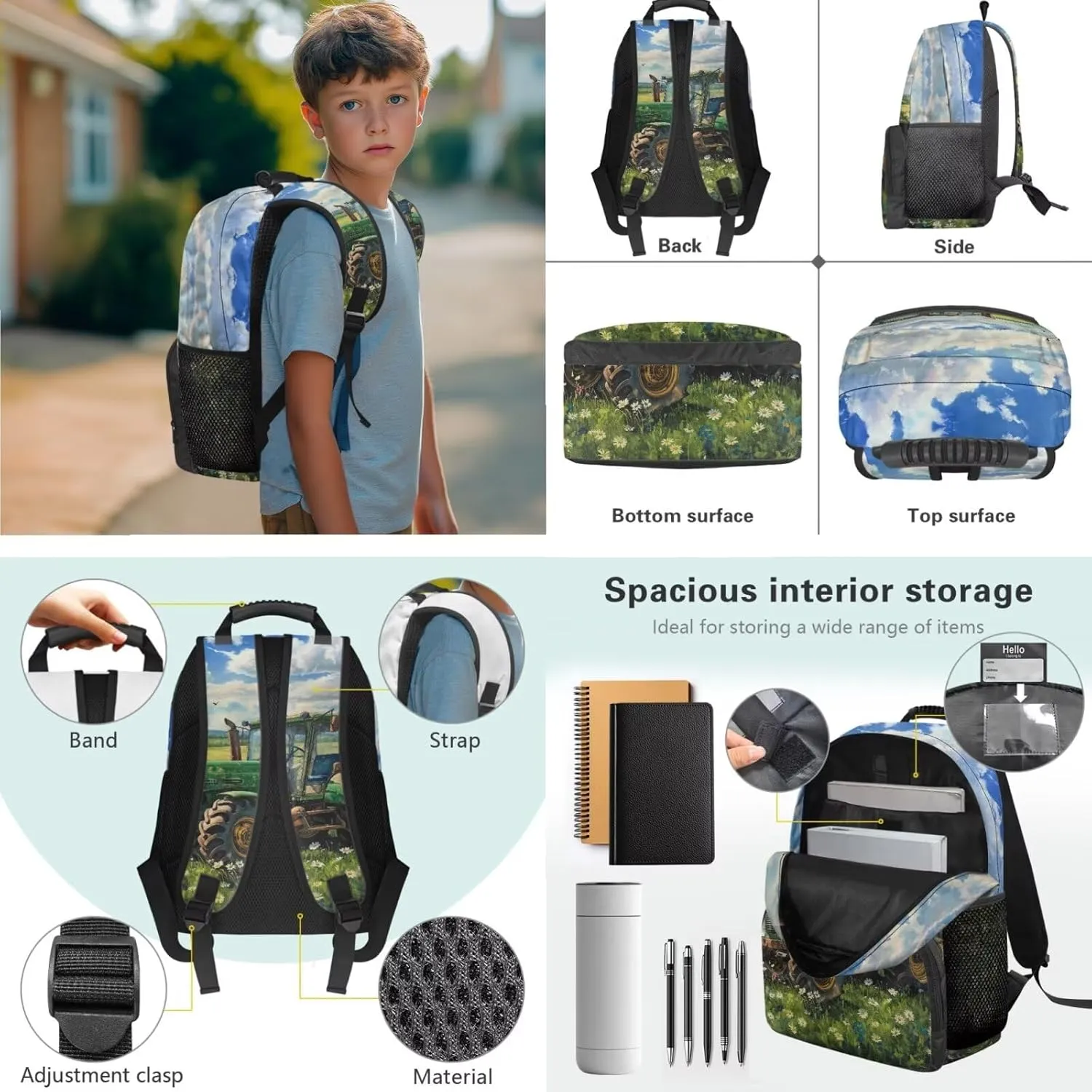 doginthehole Cool Cartoon Tractor Backpack for Boys Lightweight Kids Bookbag with Lunch Box 3 Piece Kids School Bag for Boy Ages 6-8 for Preschool Elementary School Casual Daypack Backpacks