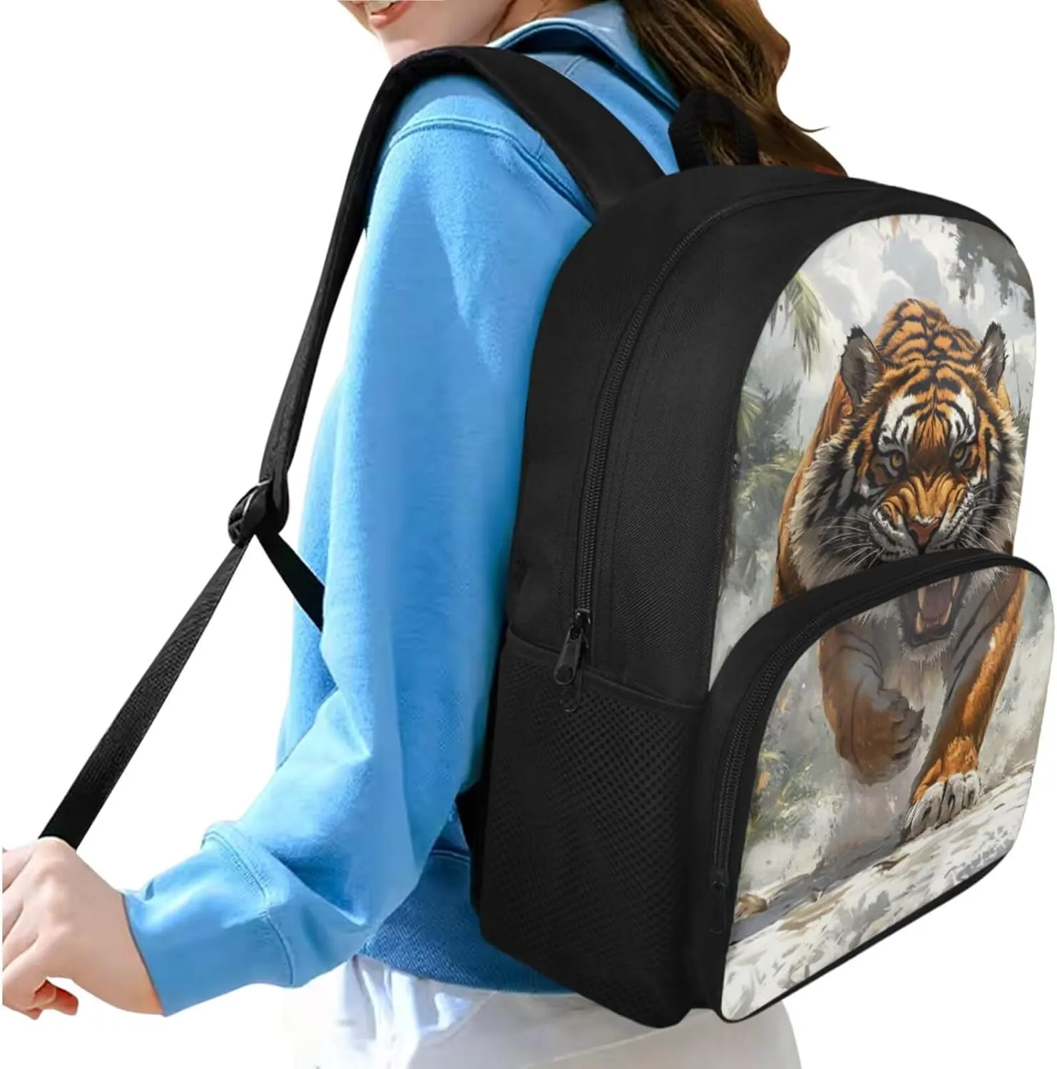 doginthehole Cool Tigers Backpack for Kids 15inch Bookbag and Lunch Box Set for Boys 3pcs Lightweight Boys School Bags 9-10 Years for Elementary School Casual Hiking Daypacks