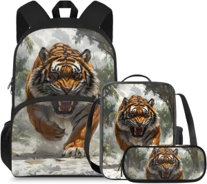 doginthehole Cool Tigers Backpack for Kids 15inch Bookbag and Lunch Box Set for Boys 3pcs Lightweight Boys School Bags 9-10 Years for Elementary School Casual Hiking Daypacks
