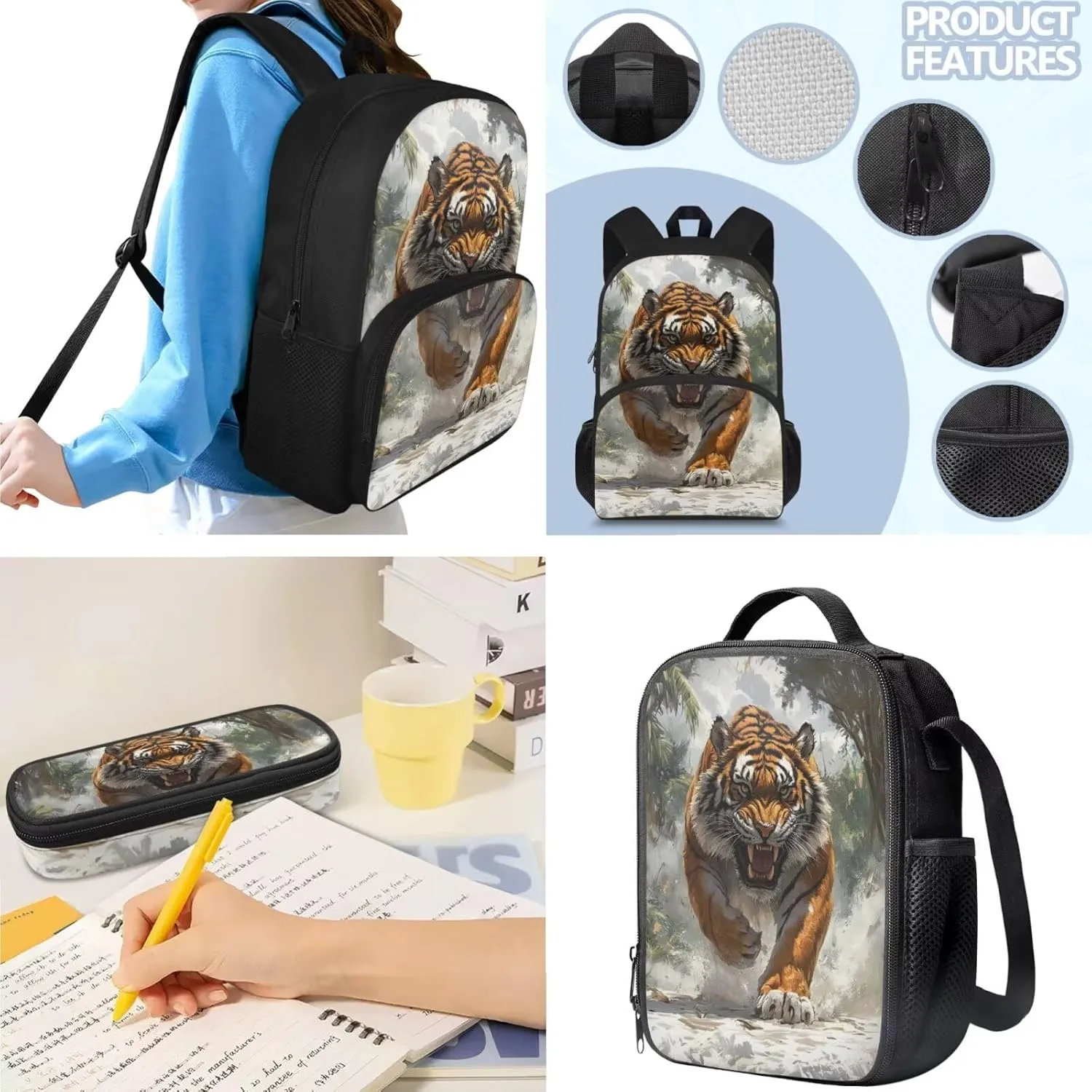 doginthehole Cool Tigers Backpack for Kids 15inch Bookbag and Lunch Box Set for Boys 3pcs Lightweight Boys School Bags 9-10 Years for Elementary School Casual Hiking Daypacks