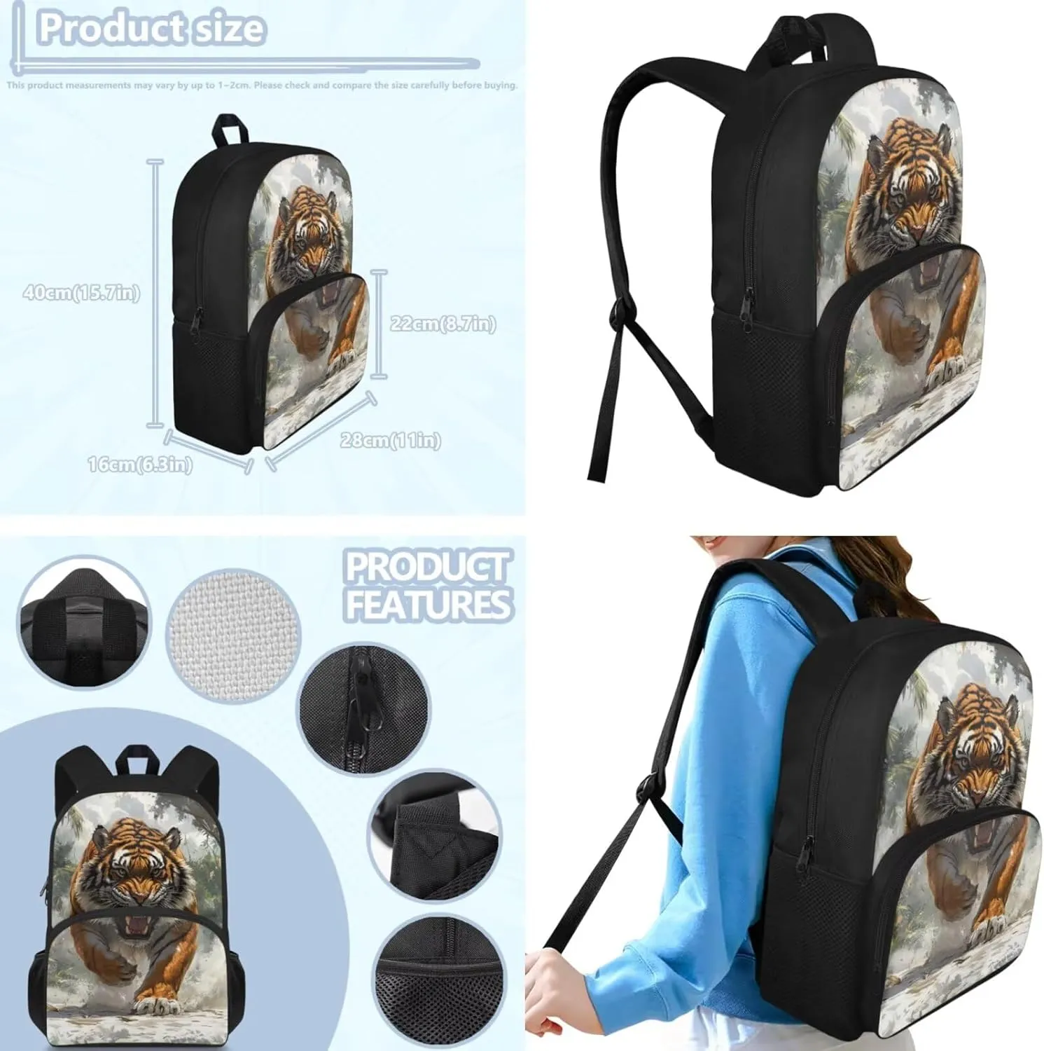 doginthehole Cool Tigers Backpack for Kids 15inch Bookbag and Lunch Box Set for Boys 3pcs Lightweight Boys School Bags 9-10 Years for Elementary School Casual Hiking Daypacks