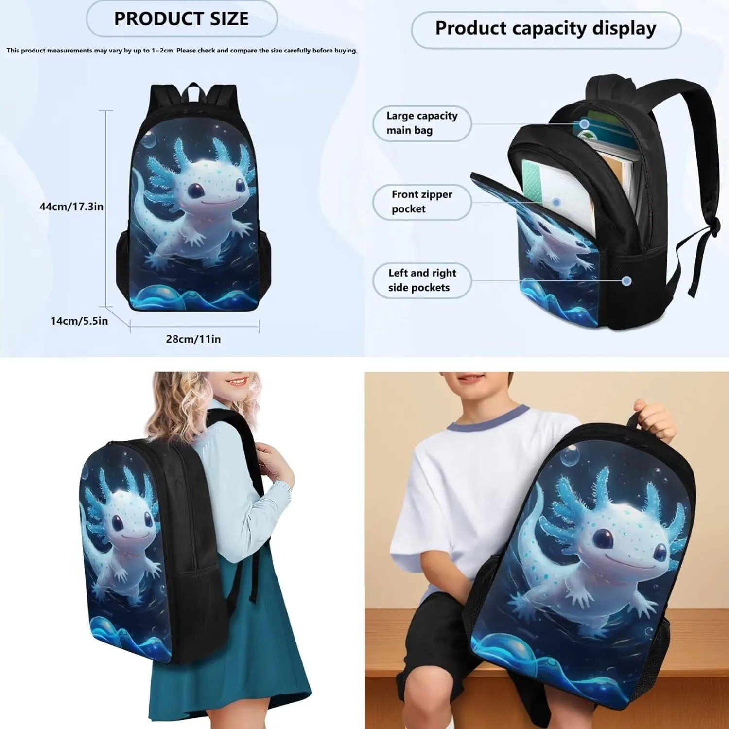 doginthehole Cute Blue Axolotl Backpack for Boys 3pcs 17inch Kids Bookbag with Lunch Box Set Lightweight School Bag for Boys 6-7 for Preschool Elementary School Casual Travel Daypack Rucksack