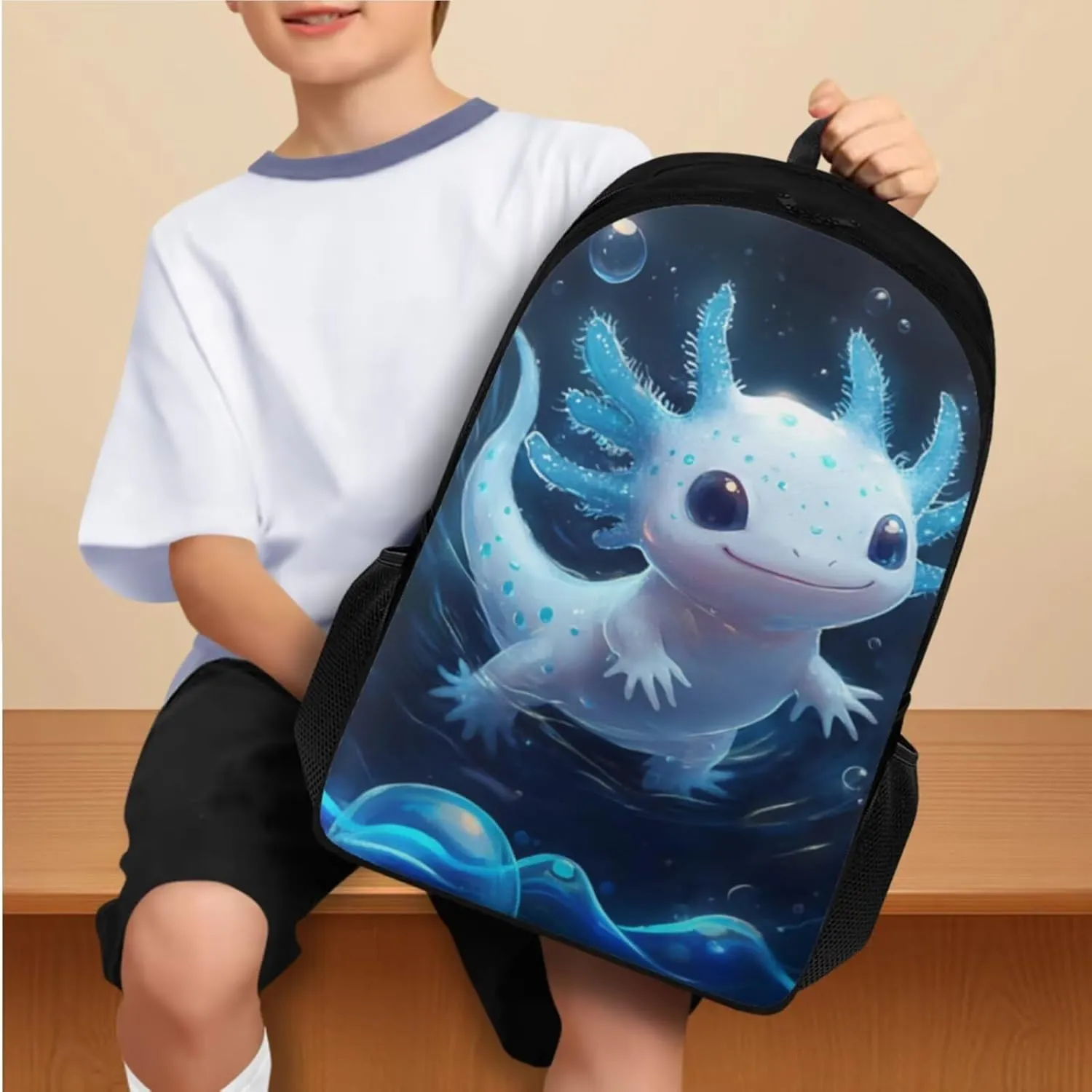 doginthehole Cute Blue Axolotl Backpack for Boys 3pcs 17inch Kids Bookbag with Lunch Box Set Lightweight School Bag for Boys 6-7 for Preschool Elementary School Casual Travel Daypack Rucksack
