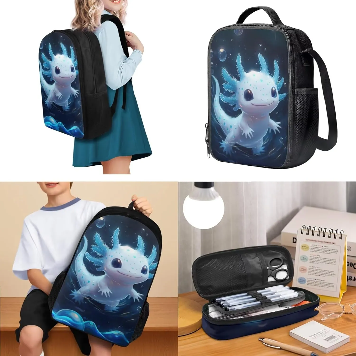doginthehole Cute Blue Axolotl Backpack for Boys 3pcs 17inch Kids Bookbag with Lunch Box Set Lightweight School Bag for Boys 6-7 for Preschool Elementary School Casual Travel Daypack Rucksack