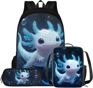 doginthehole Cute Blue Axolotl Backpack for Boys 3pcs 17inch Kids Bookbag with Lunch Box Set Lightweight School Bag for Boys 6-7 for Preschool Elementary School Casual Travel Daypack Rucksack