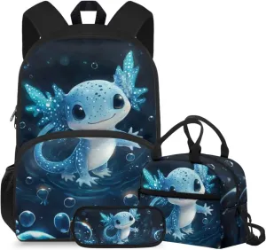 doginthehole Cute Blue Bubble Axolotl Backpack for Boys 15inch Kids Bookbag with Lunch Box Set 3pcs Lightweight Boys School Bag 4-5 Years for Preschool Elementary School Casual Travel Daypack Rucksack