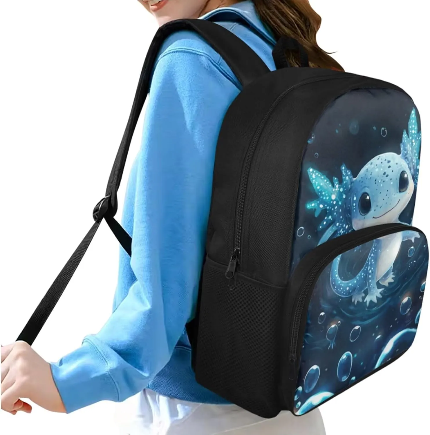 doginthehole Cute Blue Bubble Axolotl Backpack for Boys 15inch Kids Bookbag with Lunch Box Set 3pcs Lightweight Boys School Bag 4-5 Years for Preschool Elementary School Casual Travel Daypack Rucksack