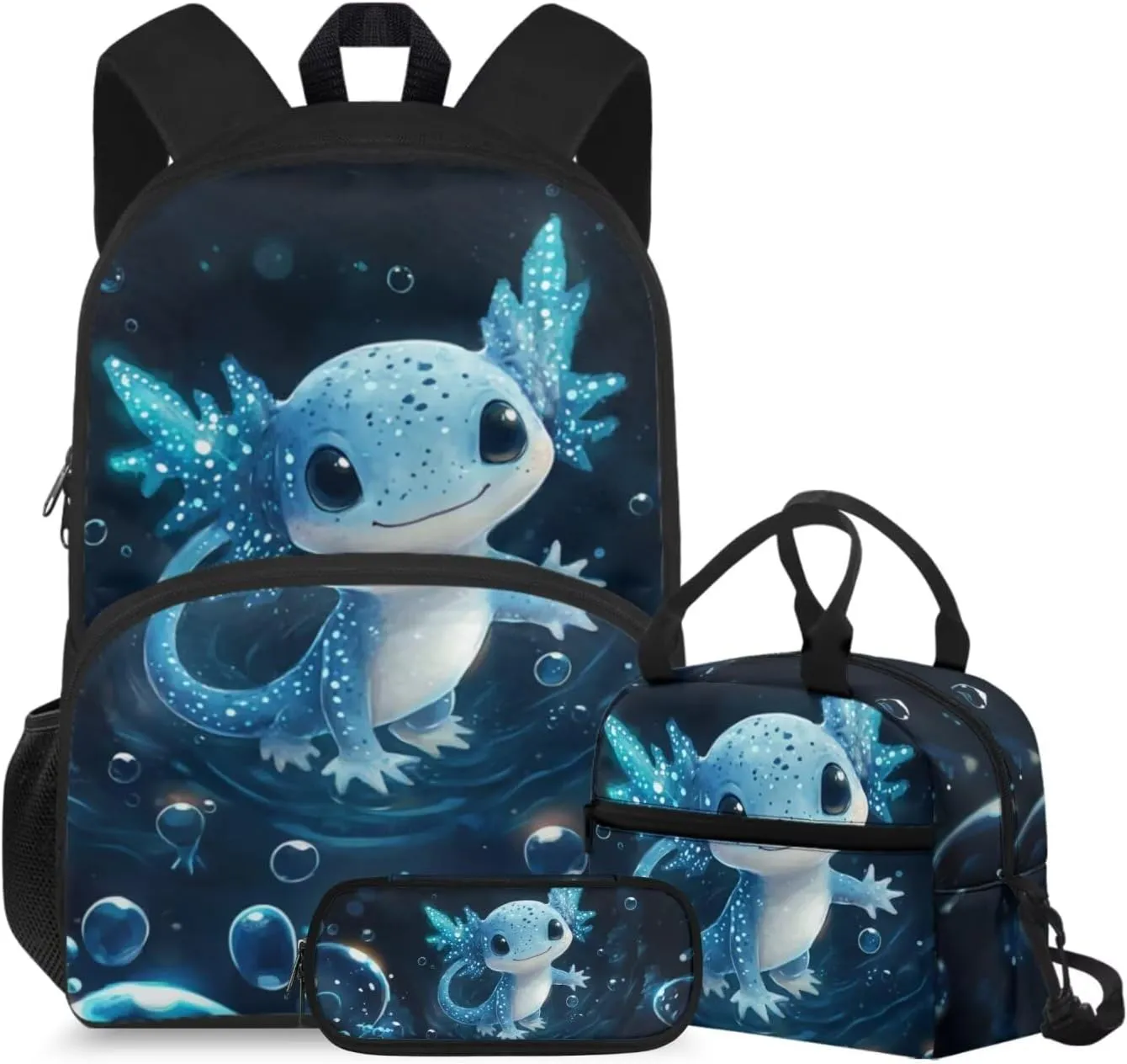 doginthehole Cute Blue Bubble Axolotl Backpack for Boys 15inch Kids Bookbag with Lunch Box Set 3pcs Lightweight Boys School Bag 4-5 Years for Preschool Elementary School Casual Travel Daypack Rucksack