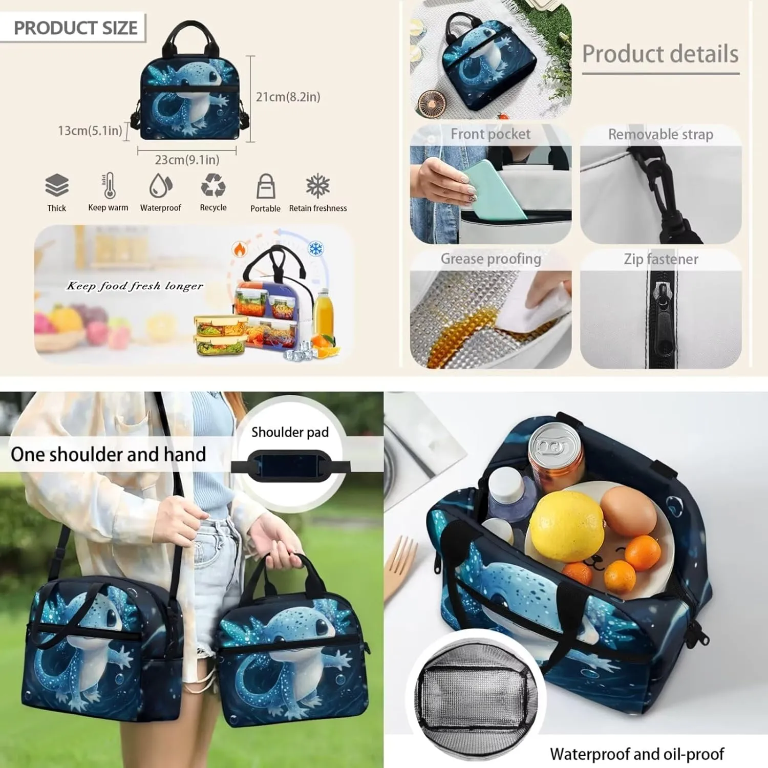 doginthehole Cute Blue Bubble Axolotl Backpack for Boys 15inch Kids Bookbag with Lunch Box Set 3pcs Lightweight Boys School Bag 4-5 Years for Preschool Elementary School Casual Travel Daypack Rucksack