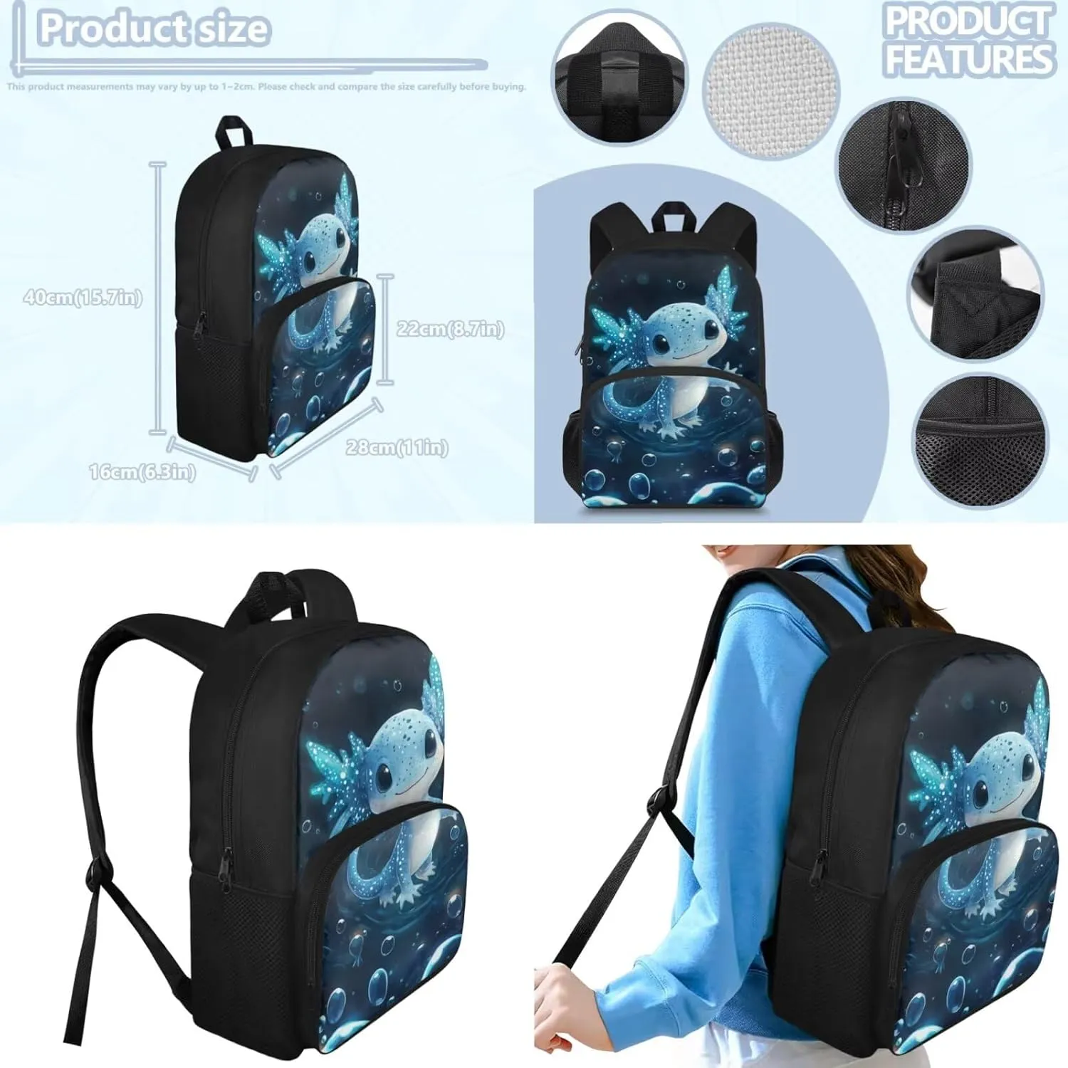 doginthehole Cute Blue Bubble Axolotl Backpack for Boys 15inch Kids Bookbag with Lunch Box Set 3pcs Lightweight Boys School Bag 4-5 Years for Preschool Elementary School Casual Travel Daypack Rucksack