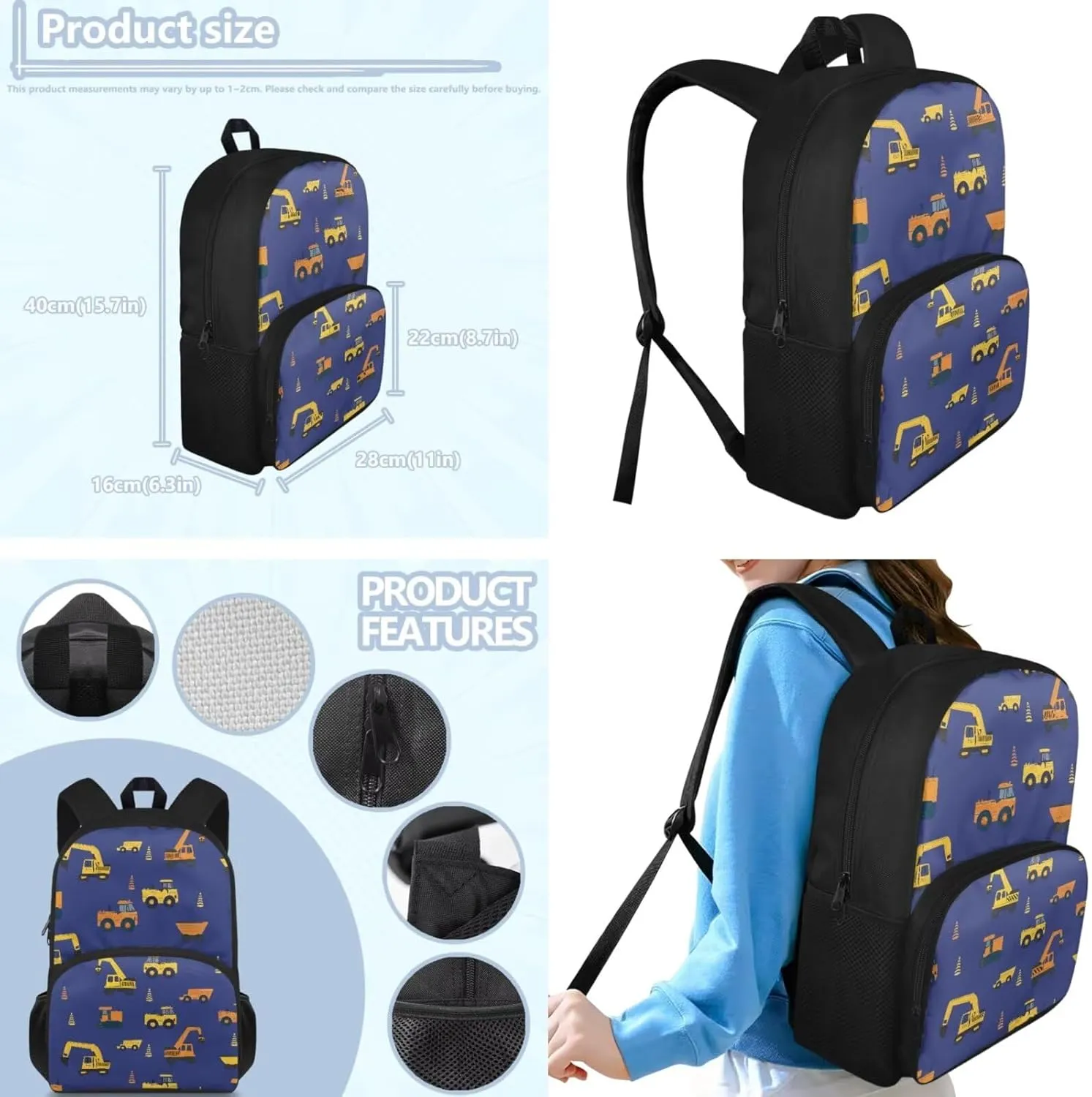 doginthehole Cute Cartoon Digger Backpack for Kids Lightweight Boys School Backpack with Lunch Bag 3pcs 15inch Boys Bookbag Age 4-6 for Elementary School Preschool Kids Knapsack Rucksack