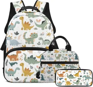 doginthehole Cute Cartoon Dinosaur Backpack for Boys 4-6 Kids Bookbag and Lunch Box Set Boys 3pcs Lightweight Boys School Bag Set for Preschool Elementary School Casual Daypack Backpack