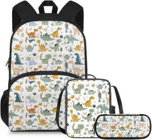 doginthehole Cute Cartoon Dinosaur Backpack for Boys Lightweight Kids Bookbag with Lunch Box Set 3 Piece Boys School Bag for Boys 5-6 for Preschool Elementary School Casual Travel Book Bags