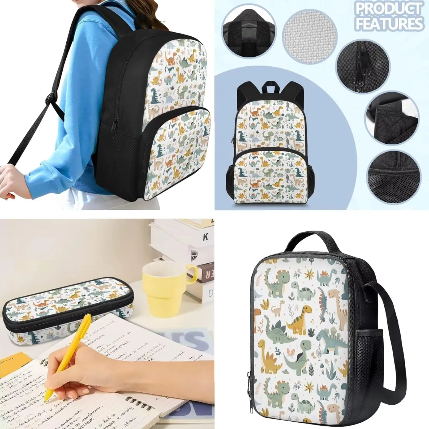 doginthehole Cute Cartoon Dinosaur Backpack for Boys Lightweight Kids Bookbag with Lunch Box Set 3 Piece Boys School Bag for Boys 5-6 for Preschool Elementary School Casual Travel Book Bags