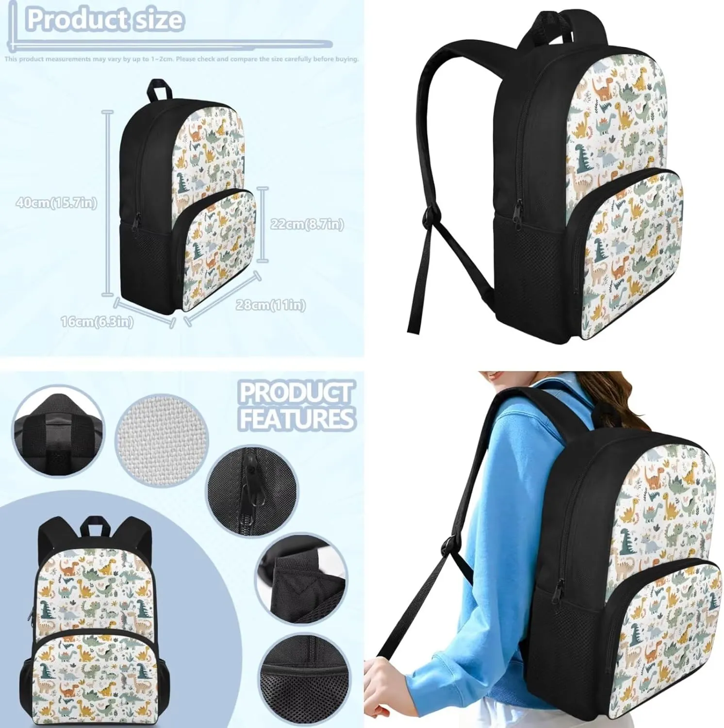 doginthehole Cute Cartoon Dinosaur Backpack for Boys Lightweight Kids Bookbag with Lunch Box Set 3 Piece Boys School Bag for Boys 5-6 for Preschool Elementary School Casual Travel Book Bags